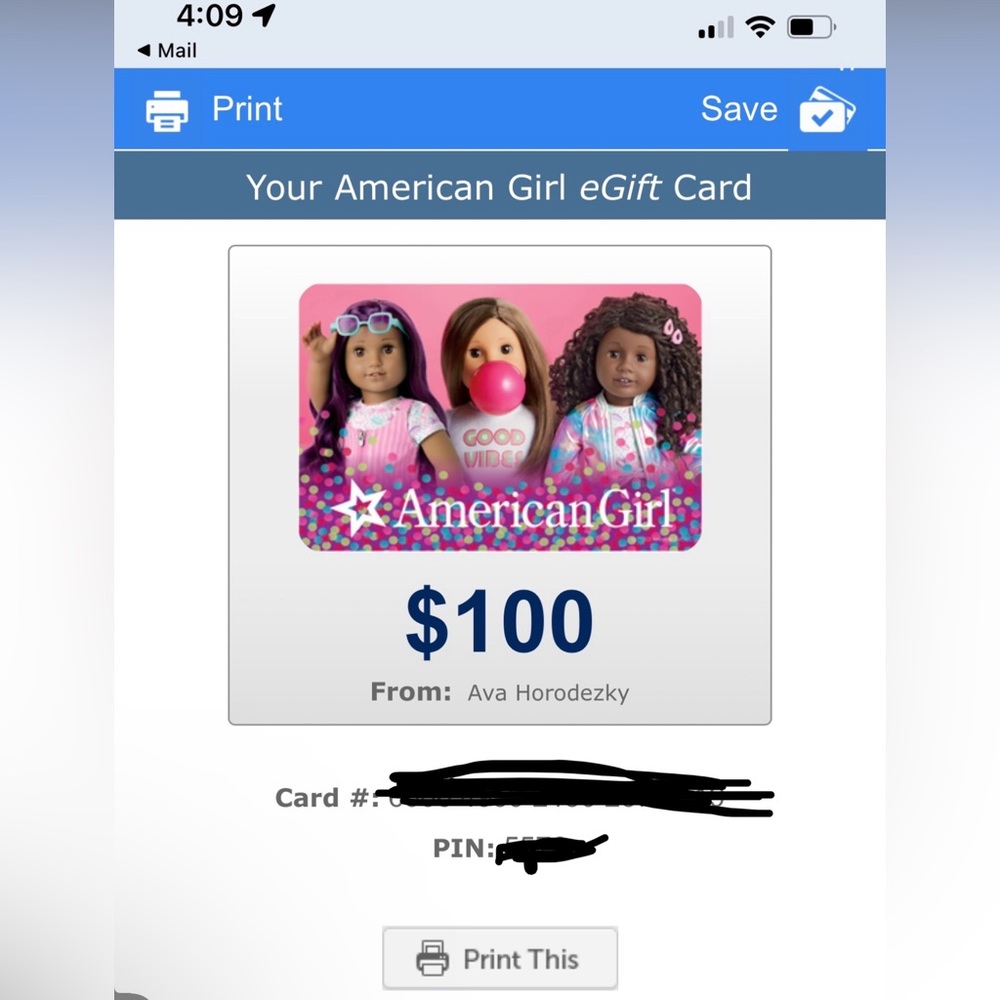 American Girl $100/$64.98 gift card